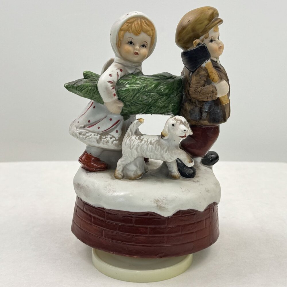 Vintage Ceramic Christmas Music Box "Oh Christmas Tree" Children Dog Rotating 7"